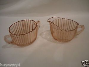 Vtg Anchor Hocking Pink Ribbed Depression Glass Cream Sugar Bowl Queen Mary
