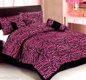 7 Piece New Luxury Zebra Hot Pink Animal Print Bedding King Home Comforter Set