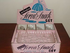 Vintage Anchor Hocking Co Art Deco Glass Serva Snack Set Colonial Lady