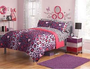 Teen Girls Leopard Print Hearts Hot Pink Purple Twin Single Comforter Sham Bed