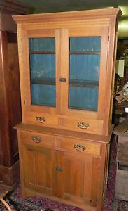 Vintage Oak Step Back Kitchen Cabinet China Cupboard 2 Piece 4 Drawer Glass Door