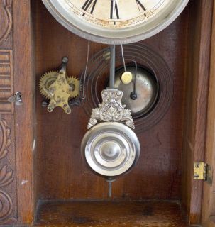Antique Ansonia Oak Cased Mantel Clock with Key Pendulum Alarm Gingerbread