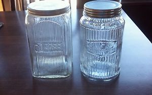 2 Antique Vintage Farmhouse Hoosier Cabinet Ribbed Glass Canister Jars Lids