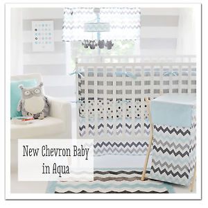 New New My Baby Sam Chevron Baby in Aqua Crib Bedding Set Bedding 4 Piece