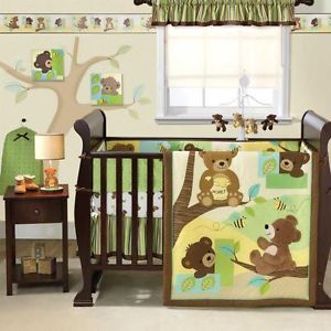 Green and Brown Neutral Bear Nursery Animal 4pc Baby Crib Bedding Set Boy Girl