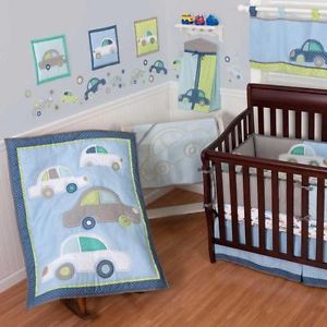 White Cars Transportation Themed Cheap Blue Baby Boy 4P Nursery Crib Bedding Set
