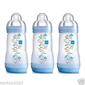 3 x MAM Baby Feeding Bottle Anti Colic Non Toxix Animal Design Blue Color 260ml