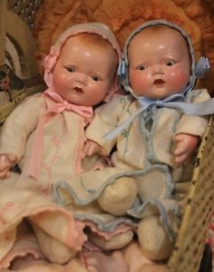 Twin Antique 12" Old Baby Dolls Composition and Cloth in Vintage Clothing