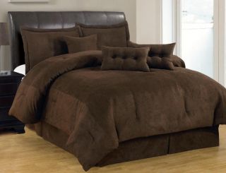 7 PC Solid Brown Comforter Set Micro Suede Queen Size Bed in A Bag