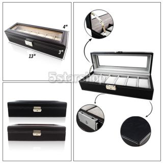 Black Brown Leather Watch Box Display Case Organizer Glass Top Jewelry Storage