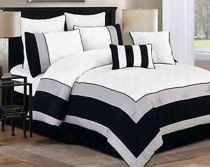 Aspen Black White Gray Quilted Comforter Bed in A Bag Set Queen