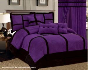 21 PC Purple Black Comforter Sheet Curtain Set Micro Suede Queen Bed in A Bag