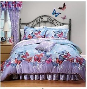 Queen Butterfly Blue Lavander Pink Purple Comforter Bed in A Bag 4pc Butterflies