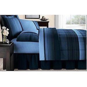 Full Boys Teen Blue Modern Stripe Comforter Sheets Bed in A Bag Bedding Set