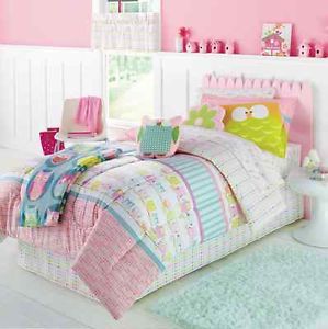 Girls 6 PC Bed in A Bag Owl Polka Dot Reversible Comforter Bed Set Twin