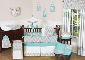 Unique Modern Gray Turquoise and White Chevron Baby Boy or Girl Crib Bedding Set