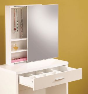 Ultra Modern White Finish Wood Vanity Make Up Dressing Table Bench Mirror Set