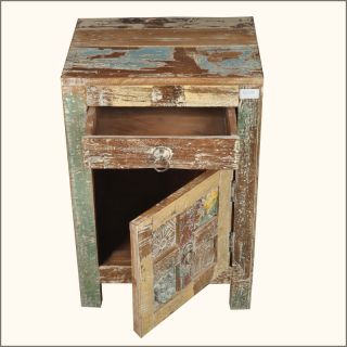 Rustic Distressed Teak Wood Bedside End Table Storage Nightstand Furniture New