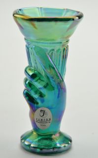 Fenton Art Glass Bud Vase Vintage Green Iridescent Carnival 4" Collectible Decor