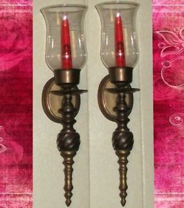 Pair of Solid Brass Candle Wall Sconces with Glass Shades 18 5"