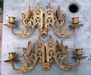 PR Antique French Bronze Gothic Double Angel Wall Lights Candle Sconces