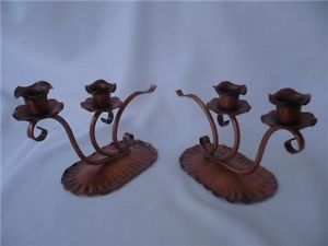 Pair Vintage Gregorian Copper Candle Holders Sconces Authentic Arts Crafts Era