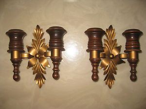 Hollywood Regency Retro Wood Gold Tone Metal Art Wall Sconce Candle Holders