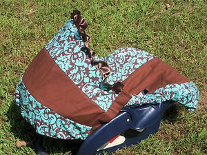 Blue Brown Damask Infant Baby Car Seat Cover Graco or Evenflo Cover