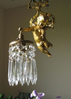Adorable French Antique c1910 Gilt Bronze Crystal Cherub Chandelier Wall Light