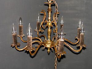 Antique Vintage 8 Light Solid Brass Ornate Chandelier Pendant Fixture 57" T