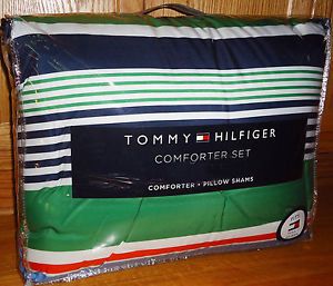 Tommy Hilfiger Derby Stripe 3P Full Queen Comforter Shams Bedding Set Blue Green
