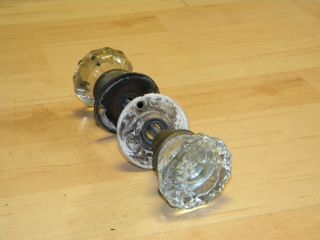 Original Antique Vintage Crystal Clear Glass Door Knobs Brass Backplates Covers