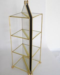 Vntg Glass Mirror Brass Table Top Wall Curio Display Case Corner Cabinet Shelf