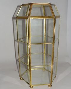 Vntg Brass Glass Table Top Curio Small Display Specimen Cabinet Mini Case Shelf