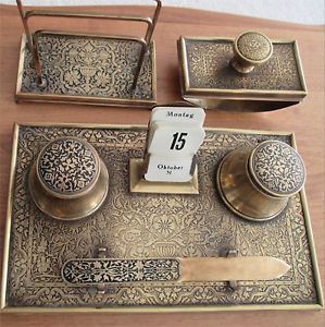 Antique Brass Arts Crafts Mark 8 Piece Desk Set Inkwells Letter Opener