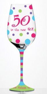 Happy Birthday 50 Is The New 40 Hand Painted Wine Glass Polka Dots Stripes