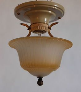 Petite Colonial Flush Mount Light Fixture Single Pressed Glass Shade Art Deco