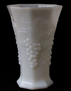 Vintage Anchor Hocking Grape Leaves Milk Glass Vase 7" Tall