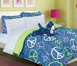 Annie Blue Leopard Print Bedding Comforter Set with Peace Signs
