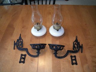 Matched Pair of Antique Oil Lamps with Matching Cast Iron Art Nouveau Brackets