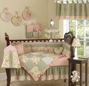 Sweet JoJo Luxury Boutique Green Flower Baby Girl Bedding 9pc Newborn Crib Set