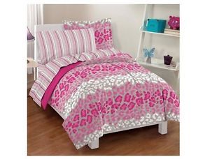 New Bed Bag Twin Full Pink Gray Leopard Animal 7 PC Girls Comforter Sheets Set