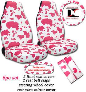 6pc Set Cow Print Car Seat Covers SWC SBC RVMC Pink Whi