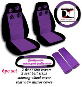 6 Piece Set Car Seat Covers Black Purple Paw Prints with Matching Accessories