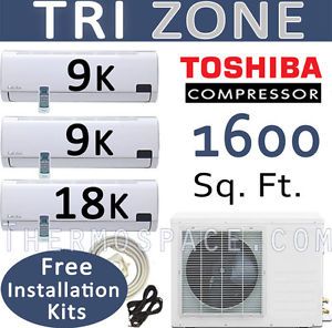 Tri Zone Ductless Mini Split Air Conditioner Heat Pump 36000 BTU 18K 9K 9K