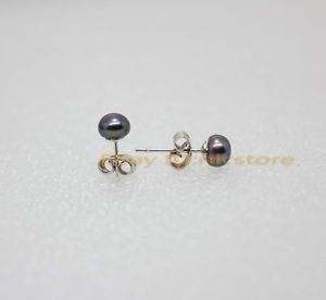 1pair 5 6mm Freshwater Black Button Pearl Silver Studs Earring Fashion Jewelry