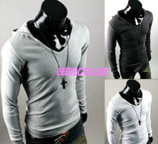 New Mens Casual Slim Fit V Neck Hooded Long Sleeve T Shirts 4Size 4Color