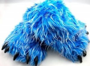 Monster Long Hair Blue Big Foot Bear Animal Plush Claw Paw Slippers