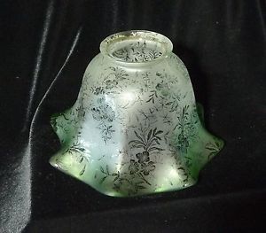 Vintage Graduated Green Etched with A Floral Design Glass Lamp Shade