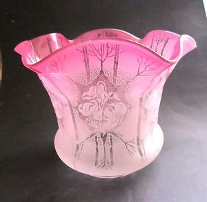 Antique Cranberry Glass Oil Lamp Shade Acid Etched Fuchsias